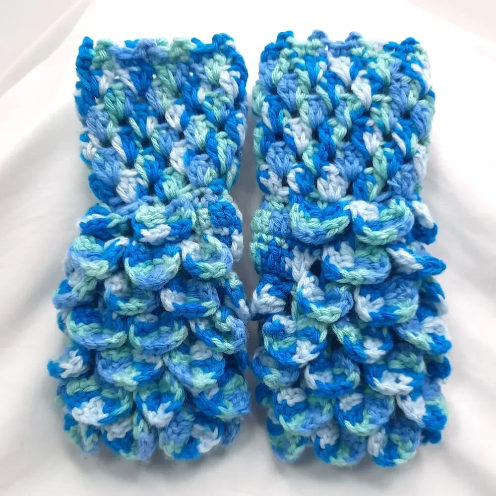 Crochet Fingerless Gloves Dragon Scale Handmade Blue Mermaid Texting Crocodile